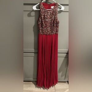 Badgley Mischka Collwction Red Beaded Bodice Pleated Skirt Evening Gown